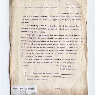 Porter School Letter to Parents re formation Parents Teachers Club, 1914