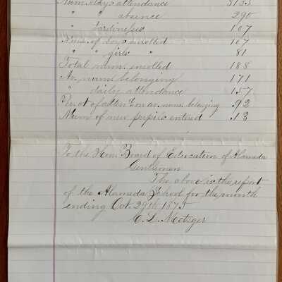 Report of Attendance at Alameda Schools, submitted to Board of Education, 1875