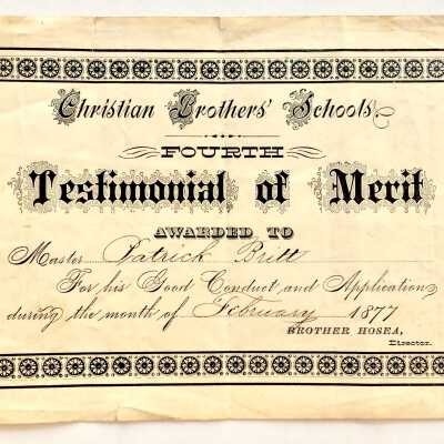 Reward of Merit for Patrick Britt from Christian Brothers Schools, 1877.