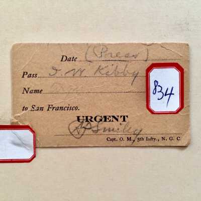 Pass Card of reporter I. W. Kibby to travel to San Francisco, 1906