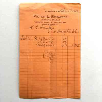 Receipt from Victor L. Shaeffer, drug store, issued to Nelson Hawks, 1916