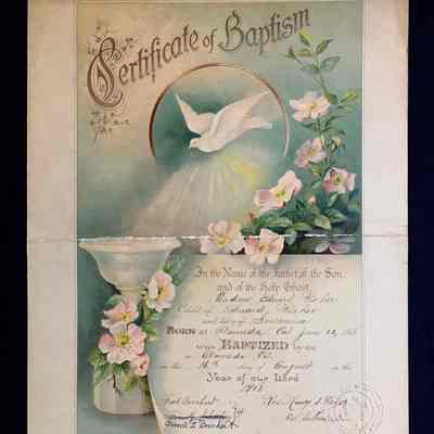 Certificate of Baptism for Andrew Edward Fisher, 1908