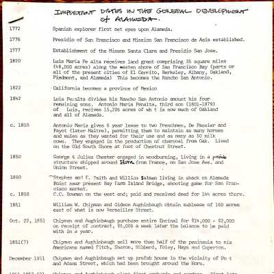 Photocopied 'Important Dates in the General Development of Alameda', c. 1970s