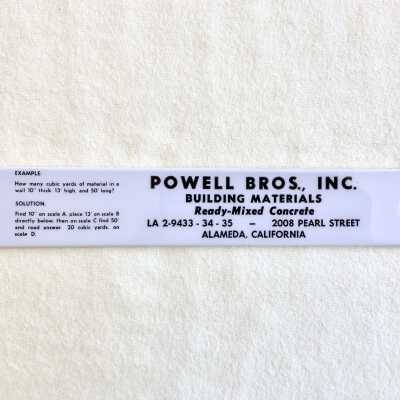 Sliding ruler issued by Powell Bros, Inc., Pearl Street, pre-1965