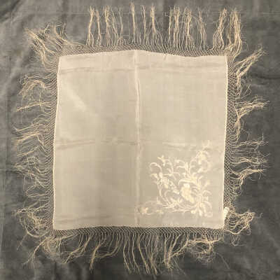 Japanese off-white silk table scarf with white silk embroidery and fringe, c. 1900