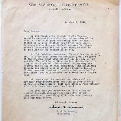 Letter announcing reopening of Alameda Little Theatre, 1945