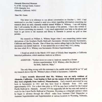 Biography and clippings about William A. Whitney, 1995