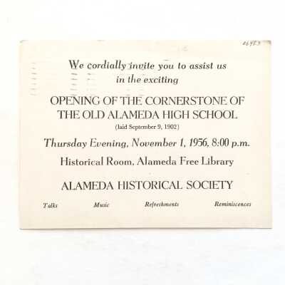 Postcard invitation to opening of Alameda High School cornerstone, 1956