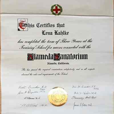 Lena Kahlke's Certificate completion Alameda Sanatorium School of Nursing, 1921