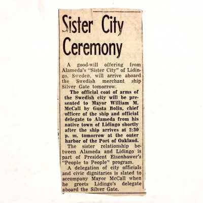 Clipping about Alameda sister city Lidingo, Sweden, c. 1950s