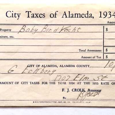 Receipt for paid City Taxes in 1934 for a bird boat, 1934