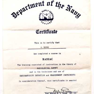 Certificate to Gustaf Ekberg for a course in Radiological Safety, 1950