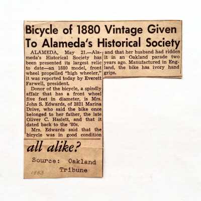 Oakland Tribune Clipping about donation of Haslett high-wheel bicycle, 1953