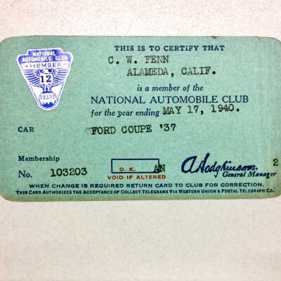 Nationa Automobile Club Membership Card issued to C.W. Fenn, 1940