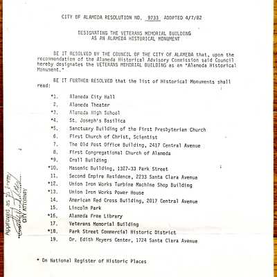 Typed listing of City Monuments, c. 1982