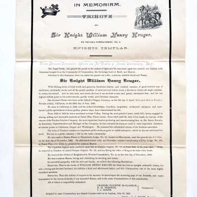 In Memoriam Wm. Henry Kruger, issued by Masonic Lodge No. 6, 1891