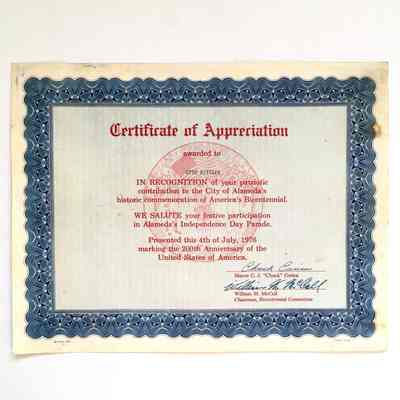 Certificate of appreciation of Otto Rittler for contribution in Bicentennial celebration, 1976