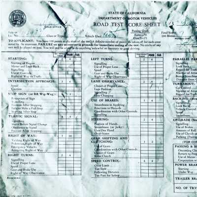 Road Test Score Sheet for Department of Motor Vehicles, 1958
