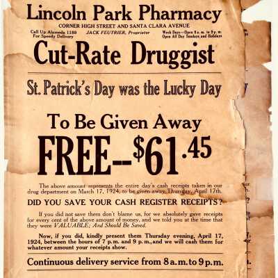 Flyers issued by the Linoln Park Pharmacy about St. Patrick's Day, 1924