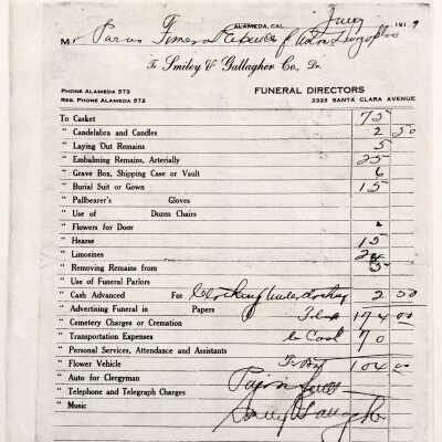 Receipt for funeral expenses, Smiley and Gallagher, 1919