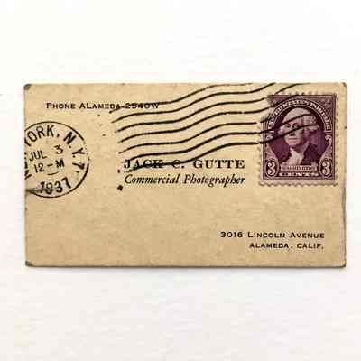 Business card of Jack c. Gutte, used as a postcard, 1937