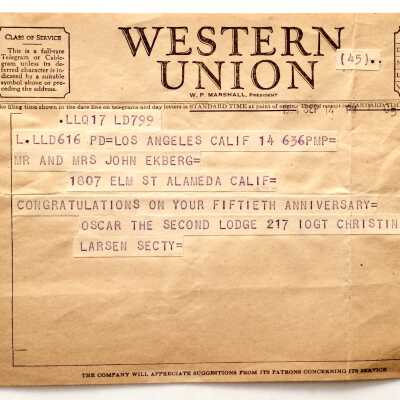 Telegram for Mr and Mrs. Ekberg, 1807 Elm Street, prior 1936