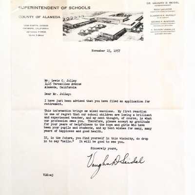 Letter responding to retirement application by Lewis C. Jolley, 1957