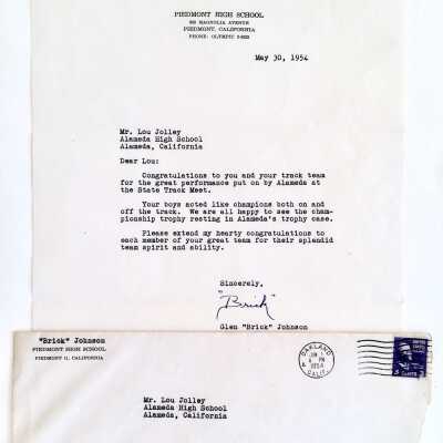 Envelope with Letter congratulating Coach Jolley over State Track Meet, 1954