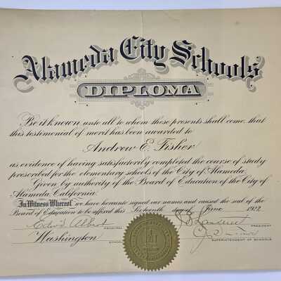 Washington School Diploma of Andrew E. Fisher, 1922