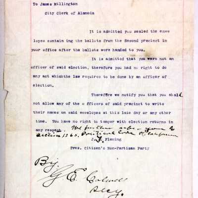 Letter regarding Votes to James Millington, City Clerk, prior 1950