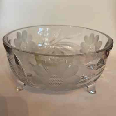 Clear glass fruit bown with pressed and cut flower design, c. 1915-1920