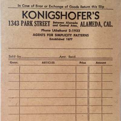 Unused Sales Receipt Form from Konigshofer's Dry Goods Store, c. 1960