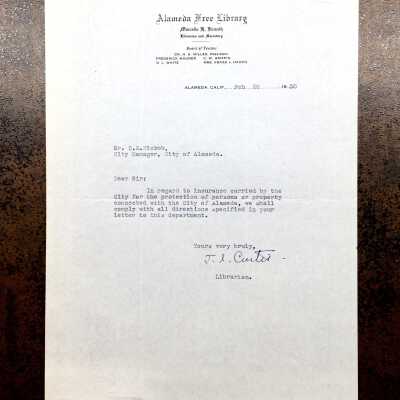 Letter about insurance for the Alameda Free Library, 1930