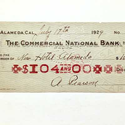 Canceled Commercial National Bank check to the New Hotel Alameda, 1929