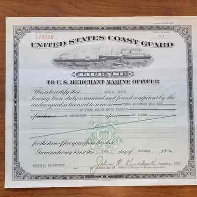 1954 Coast Guard License for Jack W Smith