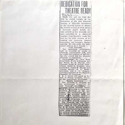Copy of clipping about dedication of the Alameda Theatre, 1932