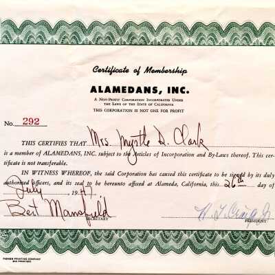 Certificate of Membership from the Alamedans, Inc, 1947