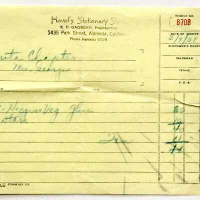 Receipt from Hovets Stationery Store, E.D. Gadsden Proprietor, 1938