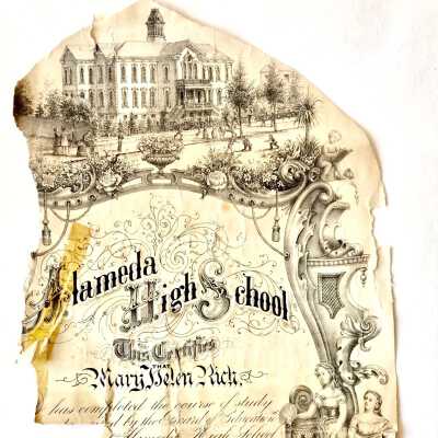 Remnant of Alameda High School Diploma awarded Mary Helen Rich, 1884