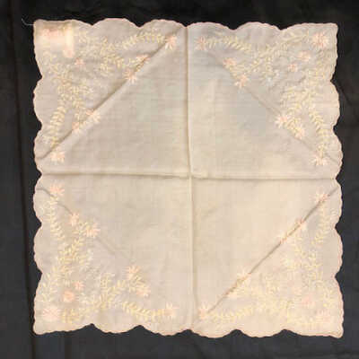 White silk pocket handkerchief with pastel embroidery, early 1900s