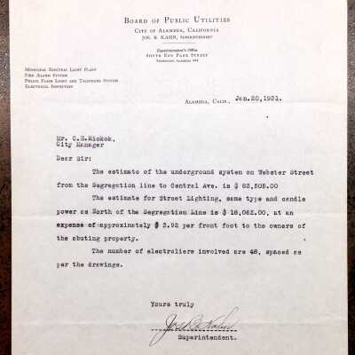Letter about underground electrical system on Central Ave, 1931