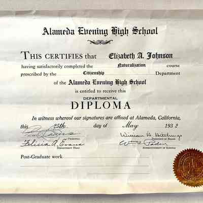 Adult School Diploma of Elizabeth Johnson for Completion Naturalization course, 1932