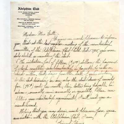 Letter about Adelphian Club Membership for Mrs. Gutte, 1915