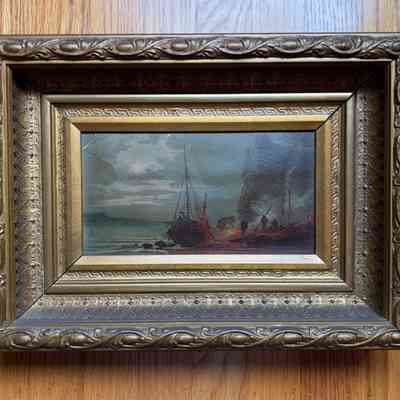 Print in shadow-box frame depicting sailboat at night, c. 1890