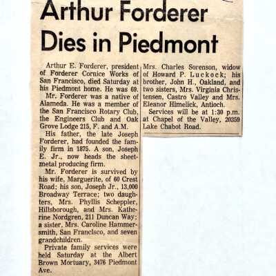 Clipping 'Arthur Forderer Dies in Piedmont', 1963