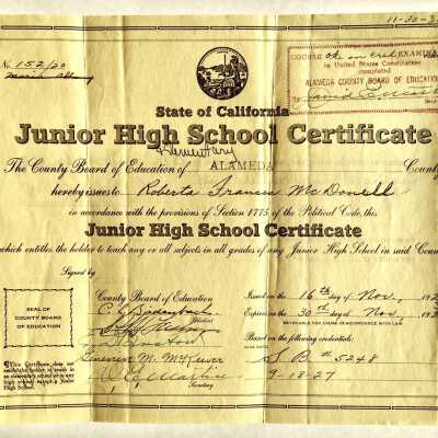 Junior High Teaching Certificate of Roberta Frances McDonell, 1927