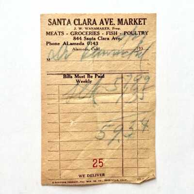 Receipt from the Santa Clara Ave Market issued to Dr. F. W. Vowinckle, prior 1936