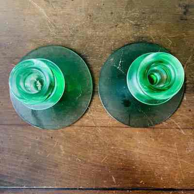 Green depression glass candesticks of the Macdonald family, c. 1930s
