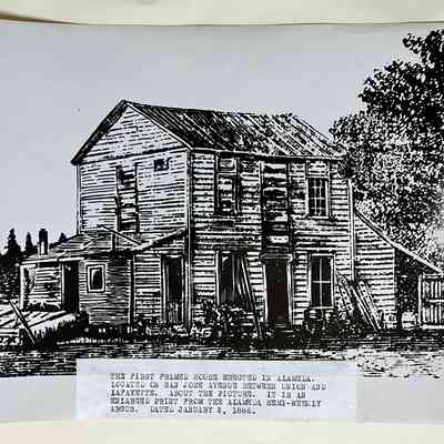 Photo of woodcut image of first house erected in Alameda, c. 1950s