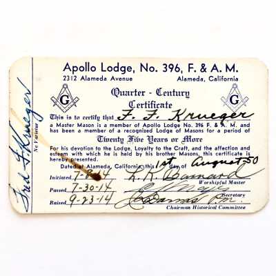 25-years membership Certificate card for F. F. Krueger, Apollo Lodge #396, 1939